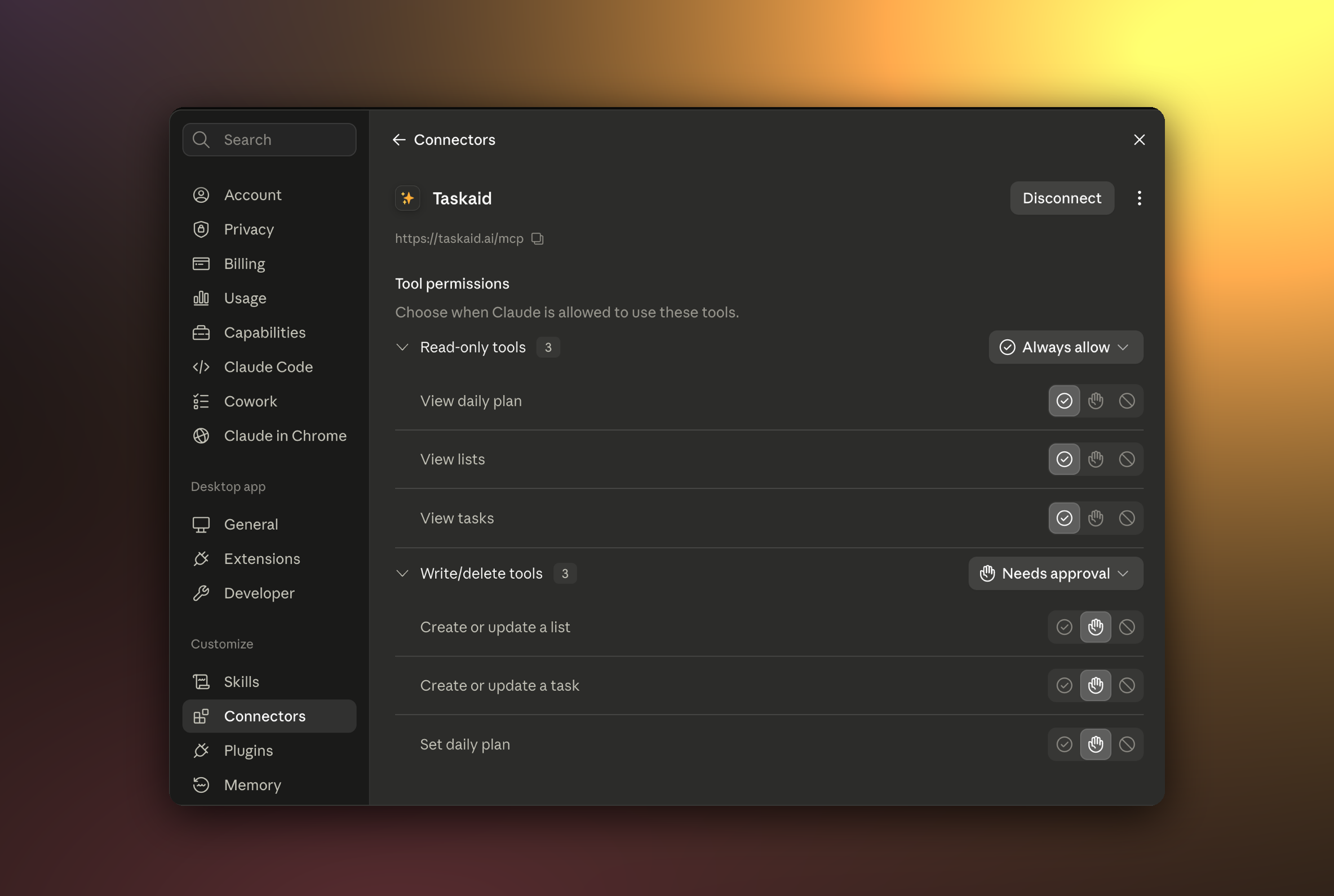Claude's connector settings for Taskaid, showing the read-only tools set to always allow and the write tools set to needs approval.
